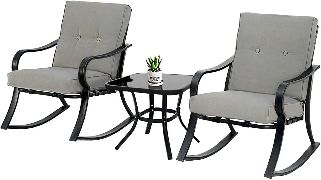 Outdoor Rocking Chairs Set with Cushions and Glass Coffee Table N96983