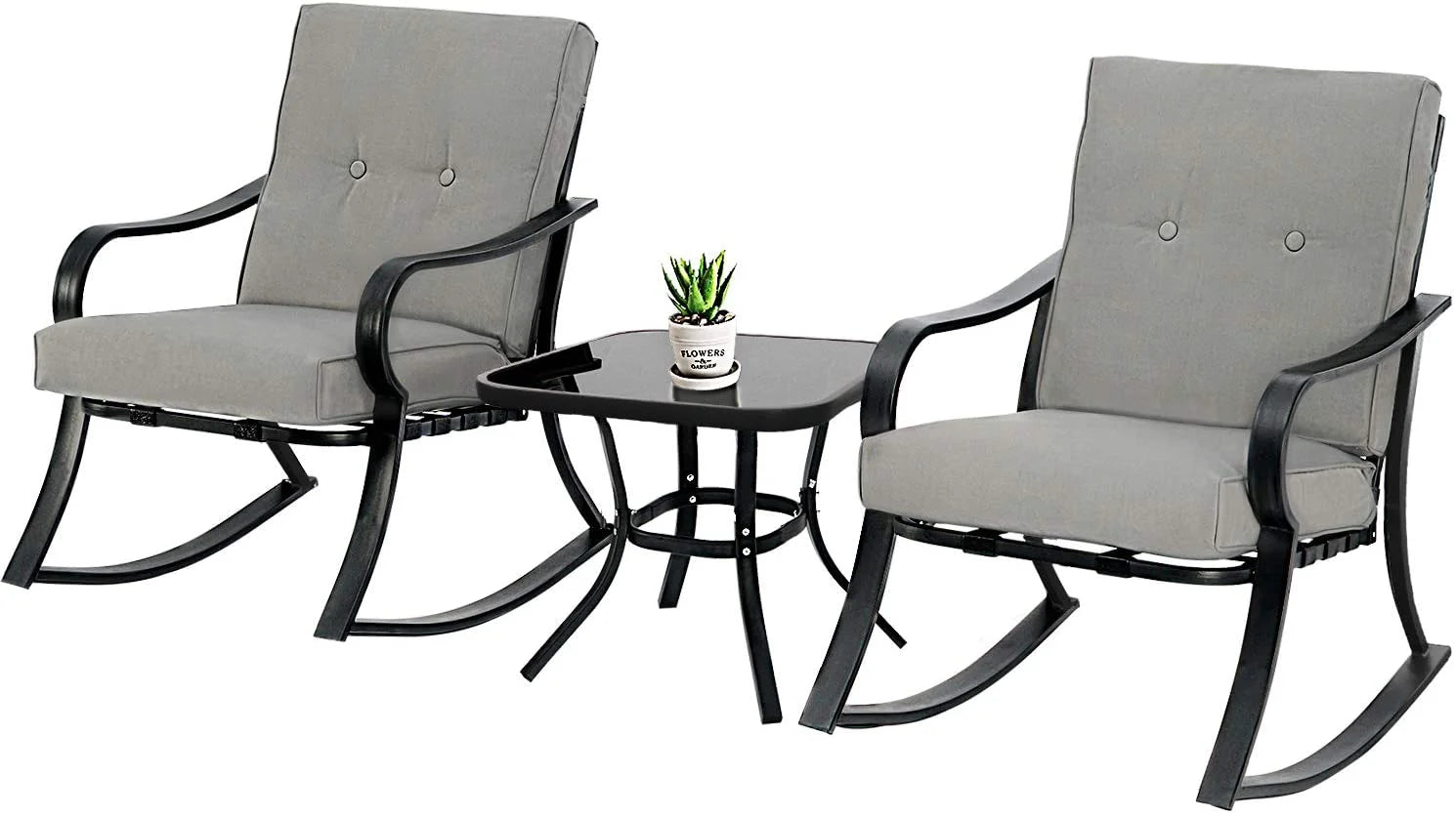 Outdoor Rocking Chairs Set with Cushions and Glass Coffee Table N96983