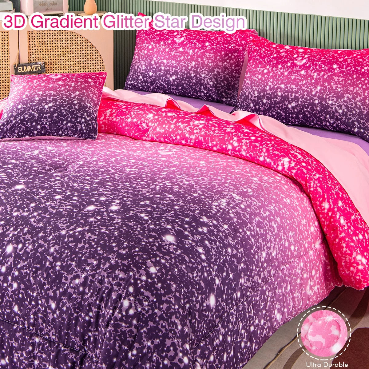 Twin Gradient Pink Purple Glitter Comforter Set for Girls V9183