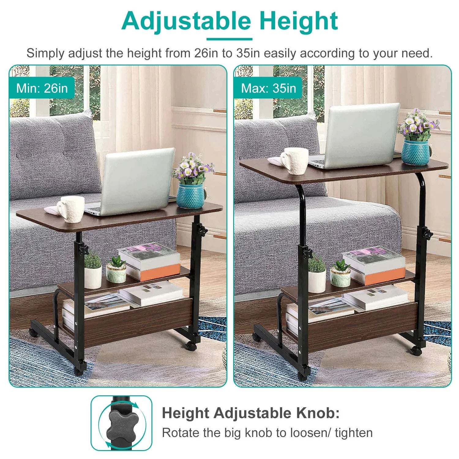 Mobile Laptop Table 3-Tier with Wheels, Height Adjustable, Beige S11889