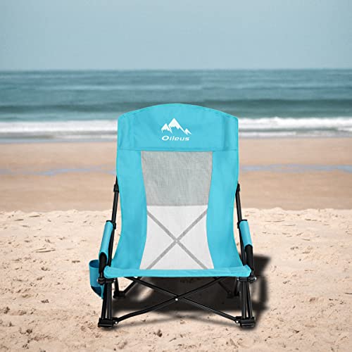 Folding Portable Beach Chair, High Back Low Seat Lightweight, Full Mesh Back with Cup Holder and Carry Bag, 2 Pcs B105883