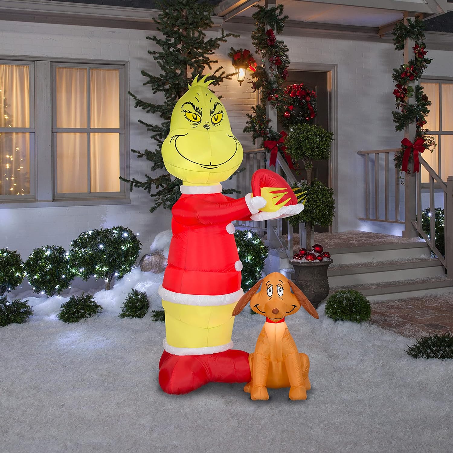 Animated Airblown Inflatable Grinch with Santa Hat Scene, 6 ft Tall N6564