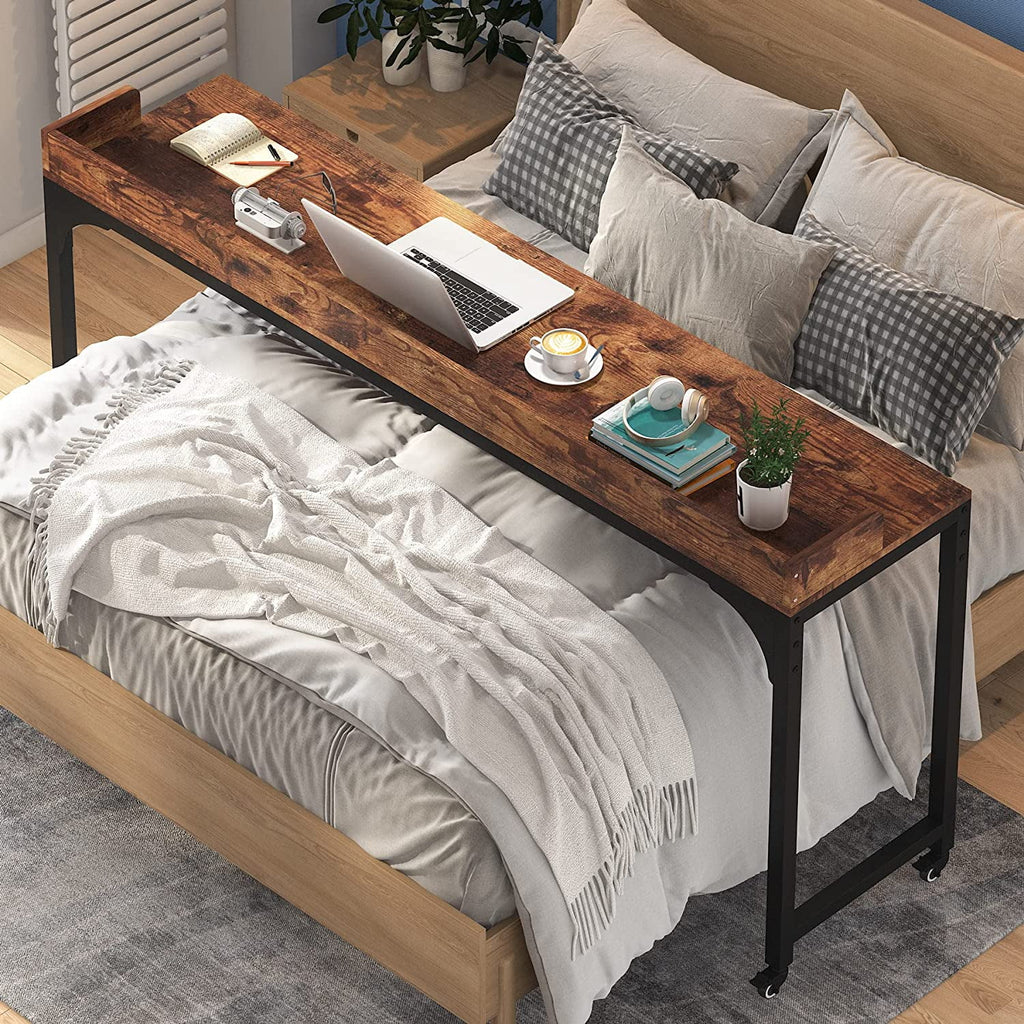 Tribesigns Brown Overbed Table with Wheels 70.8"L Queen Size Mobile Desk with Metal Legs, Unadjustable