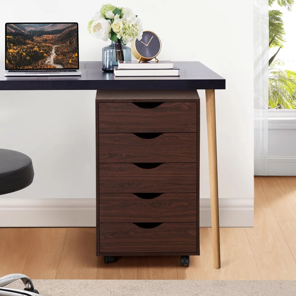 5 Drawer Chest with Wheels, Wood Storage Dresser - Espresso B12627