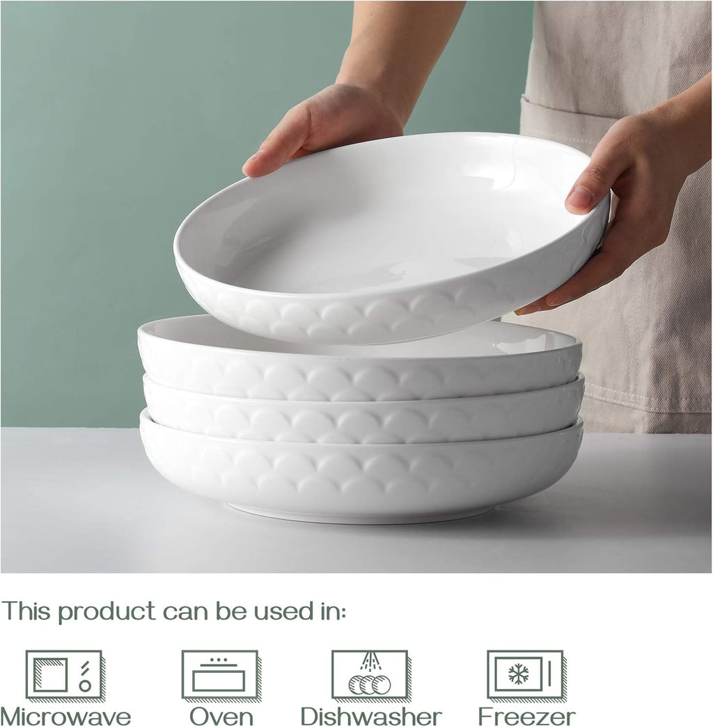 Large Ceramic Pasta Bowls Set of 4, White Salad Serving Bowls, Microwave and Dishwasher Safe L9078