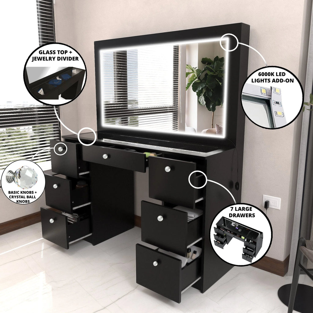 Modern Black Vanity Desk with LED Lights and Mirror D95088