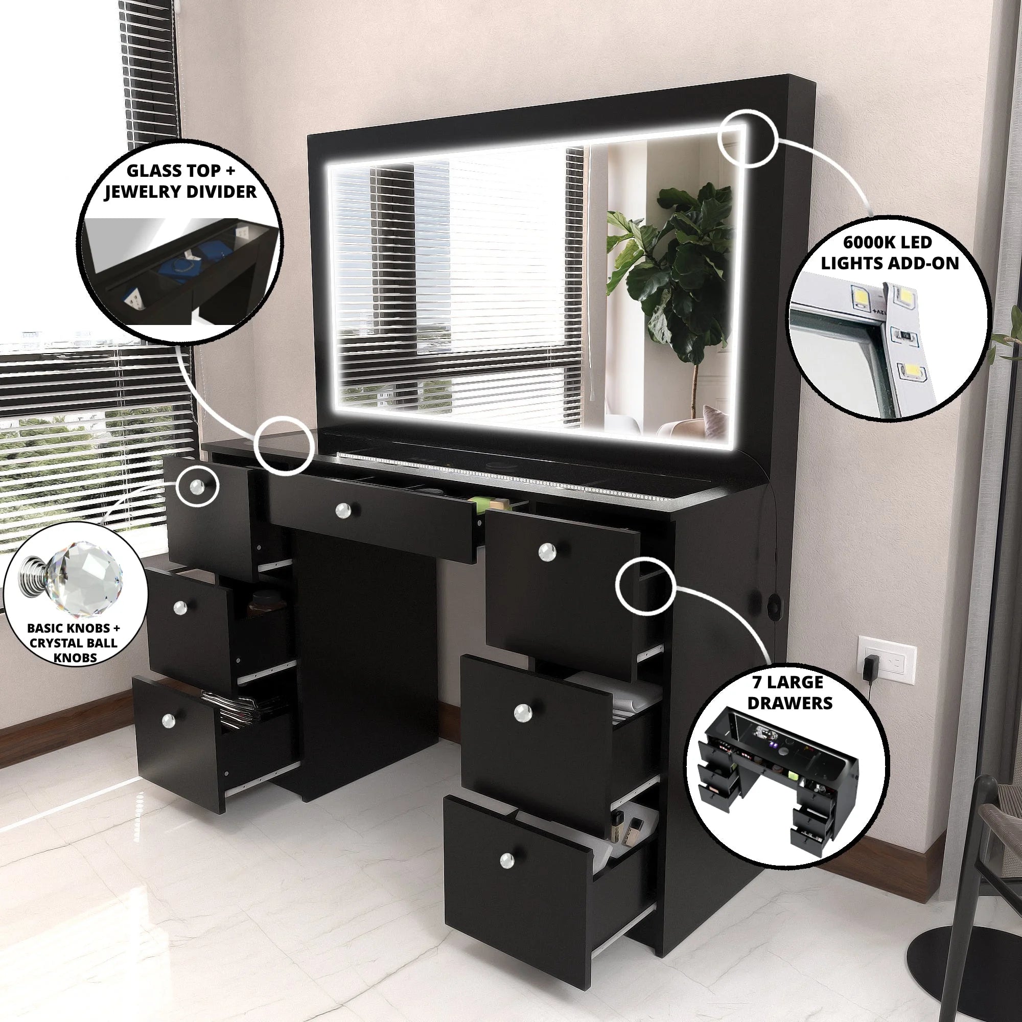 Modern Black Vanity Desk with LED Lights and Mirror D95088
