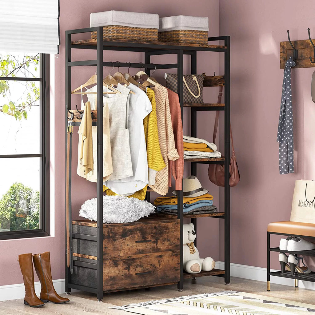 Freestanding Closet Organizer with Drawers and Shelves, Heavy Duty Garment Rack for Bedroom, Rustic Brown D331286
