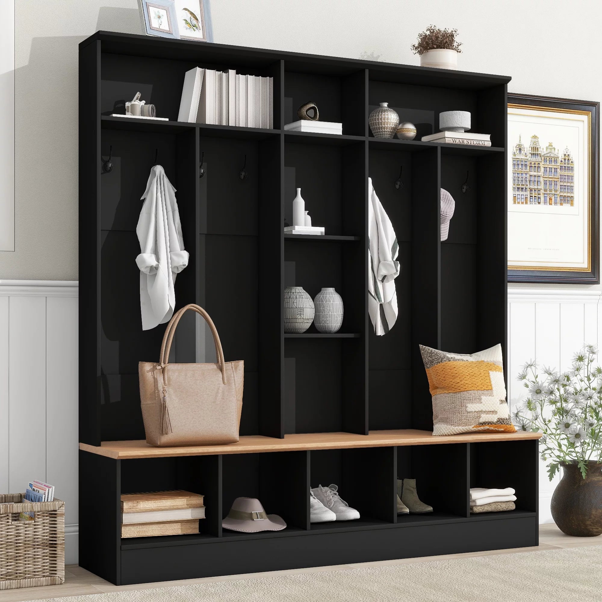 CoSoTower Wide Design Hall Tree with Storage Bench, Minimalist Shoe Cabinet with Cube Storage & Shelves, Multifunctional Coat Rack with 8 Hooks for Entryways, Mudroom, Black