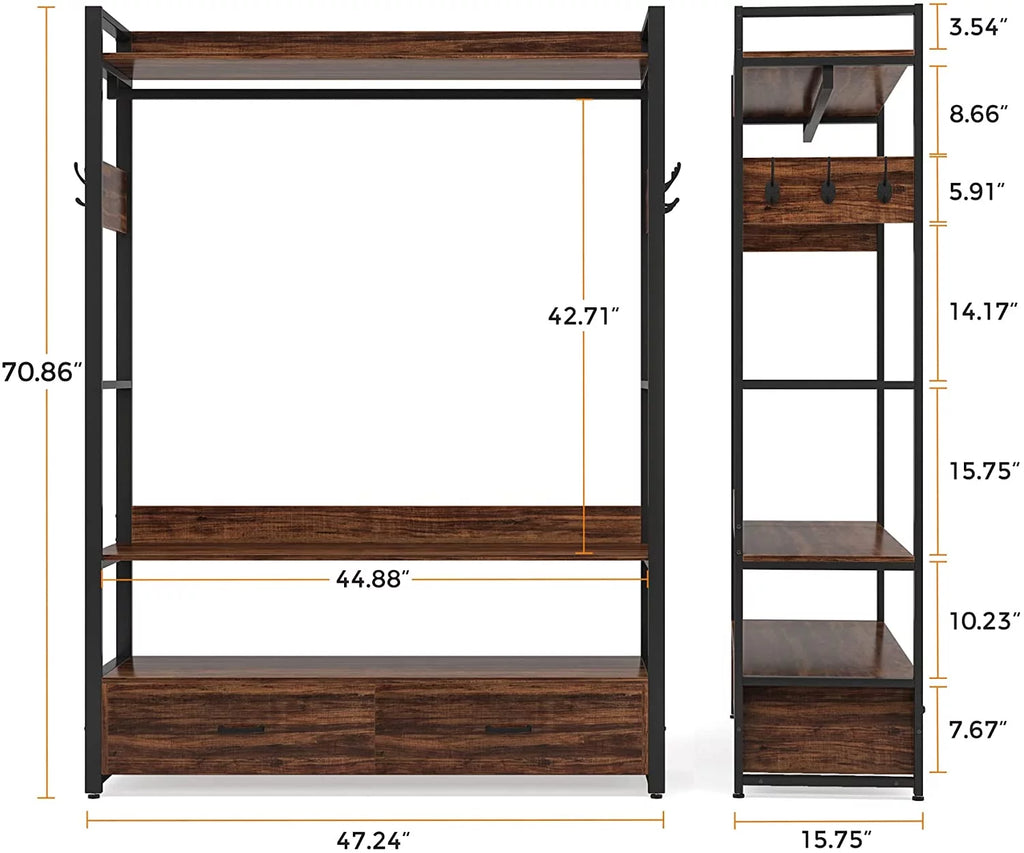 Heavy Duty Clothes Rack with Shelves, Hanging Rod and 2 Drawers, Rustic Brown P367
