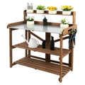 PETSCOSSET Folding Potting Bench Table Outdoor Potting Bench Garden Wooden Potting Table,Fir Wood Workstation Planting Table with Galvanized Tabletop 2 Tier Storage Shelves,Top Shelf
