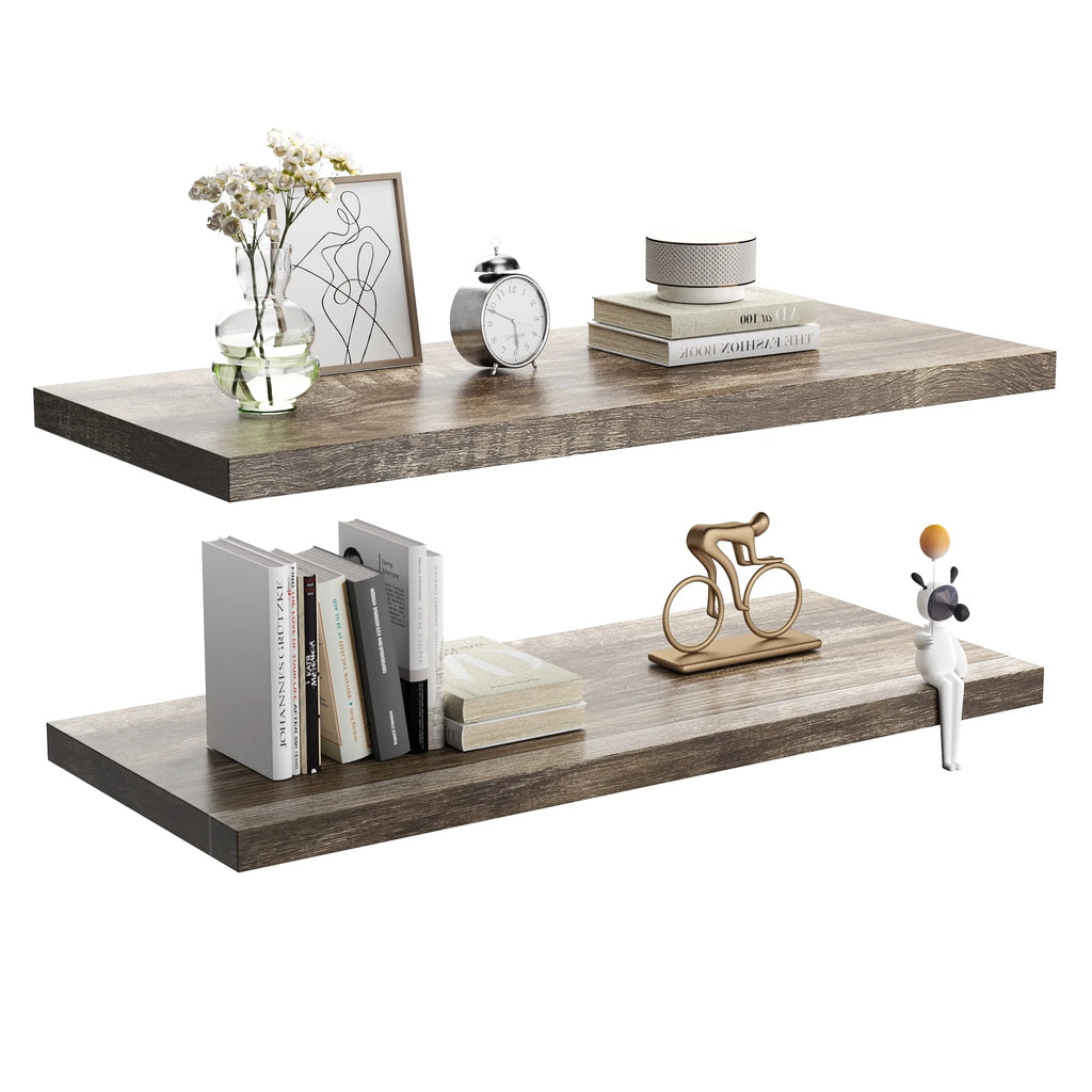 JPND 30 inch Wooden Floating Wall Shelf with Invisible Brackets Set of 2, for Bedroom/Bathroom/Living Room and Kitchen Storage,Rustic Gray