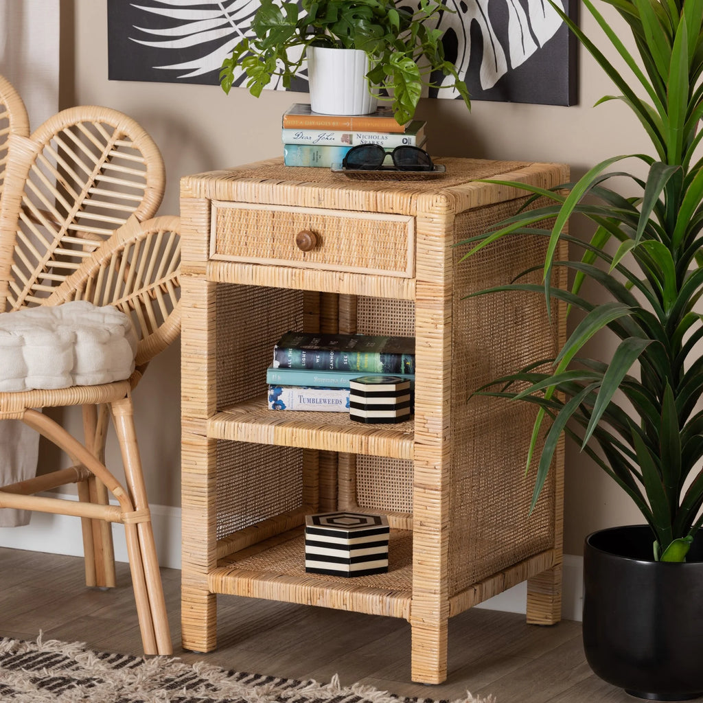 Modern Bohemian 1-Drawer Nightstand in Brown Wood and Rattan E330