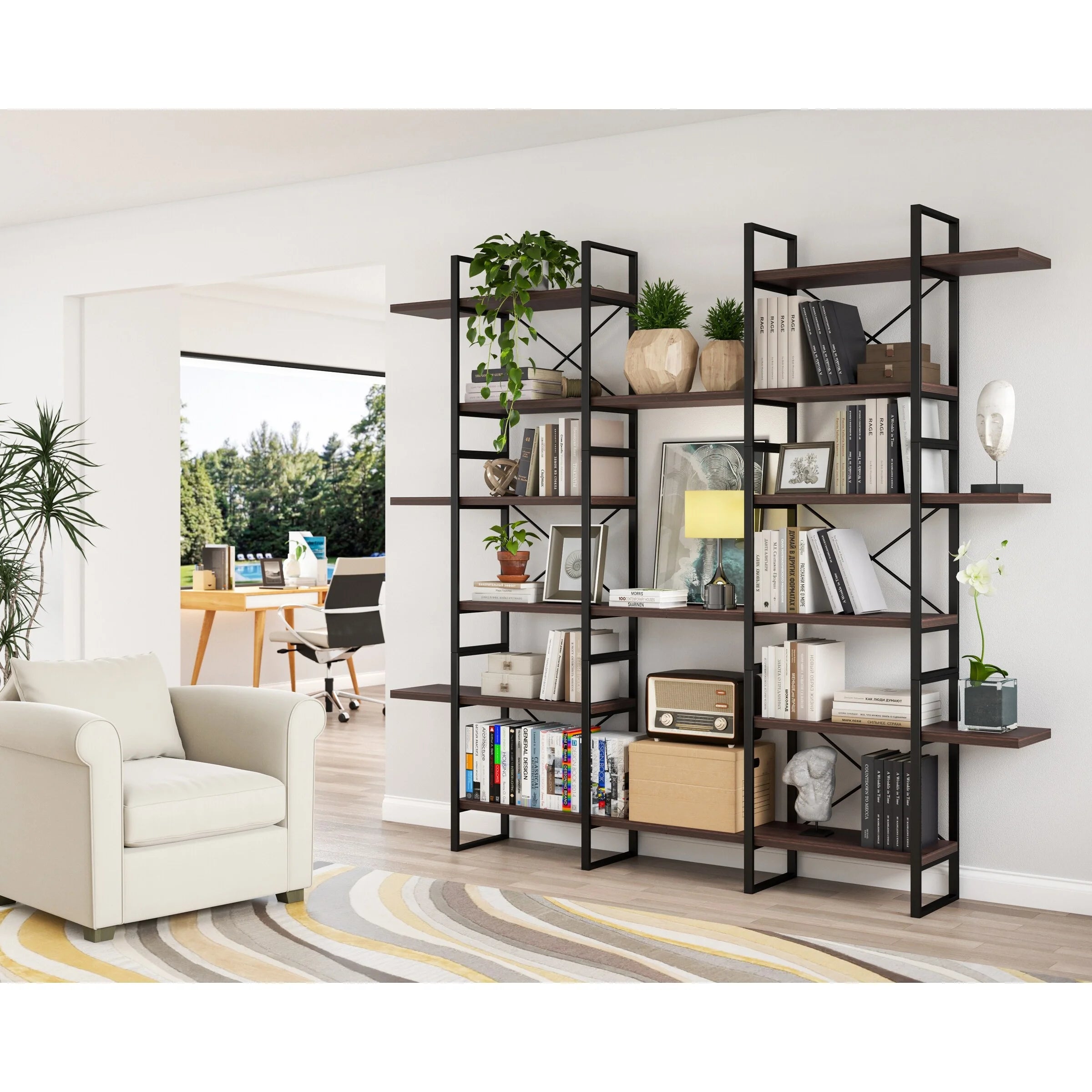 Davee Dark Walnut Color 6-Tiers Industrial Style Bookcase - 85" H x 94.5" W x 12.6" D