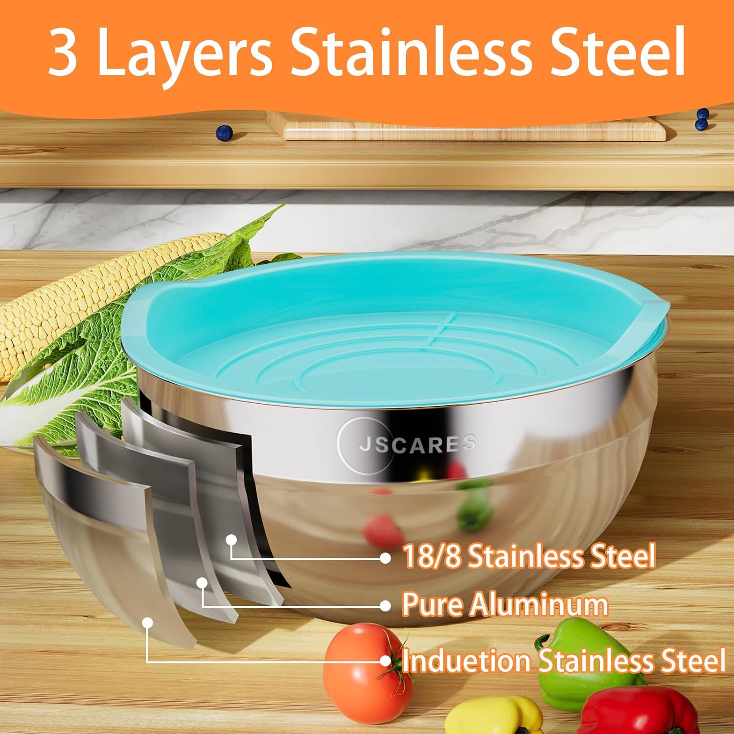 Mixing Bowls with Lids, 5 Piece Stainless Steel, Stackable, Airtight C308674