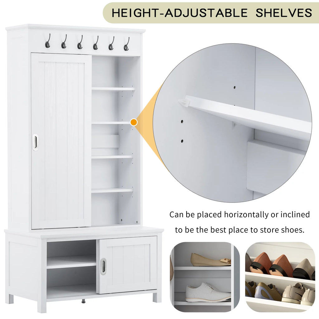Hall Tree with Sliding Doors, Wooden Shoe Cabinet with Storage Bench and Shelves K116