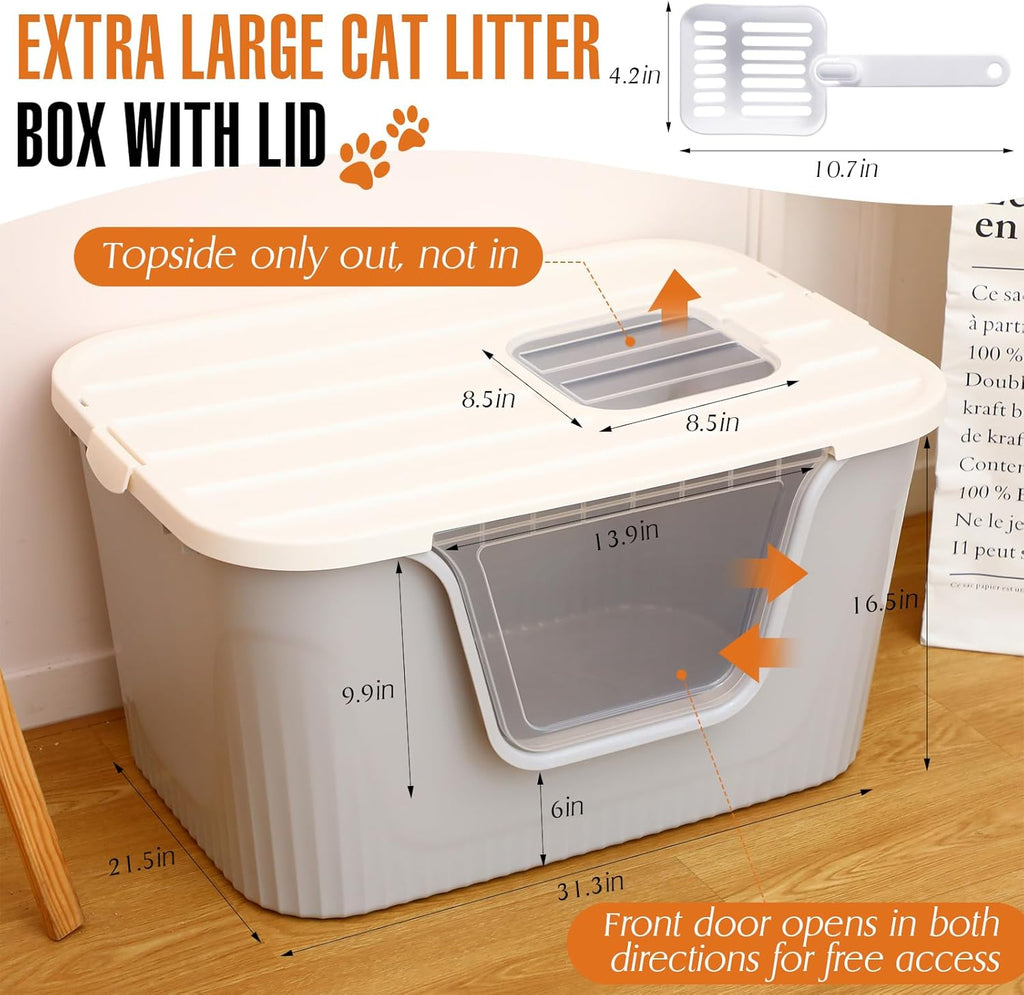 Enclosed Cat Litter Box Extra Large with Scoop, Front Entry, Two Exits Q9926