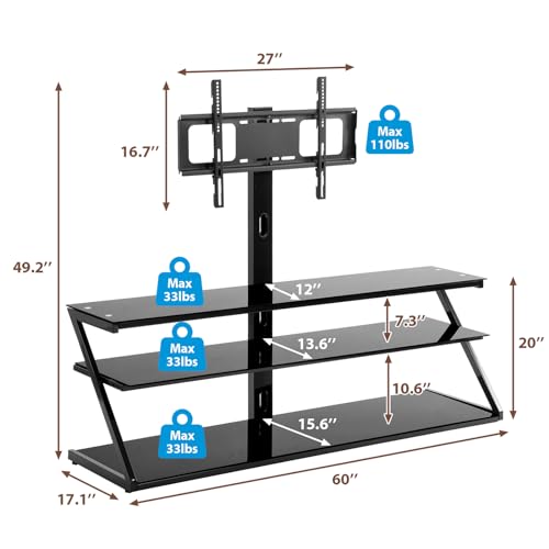 Adjustable Floor TV Stand with Tempered Glass and Metal Frame V8875