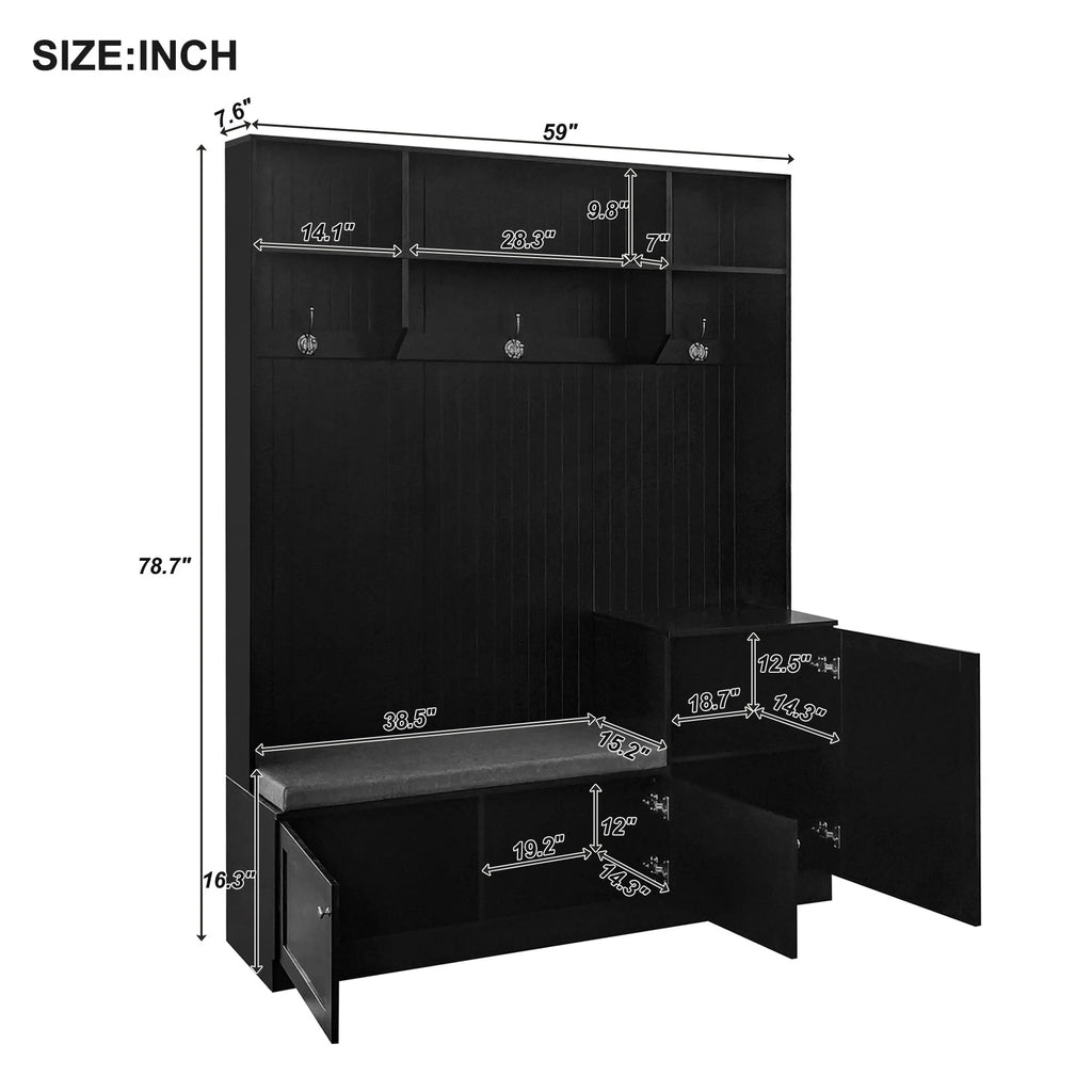 Hall Tree with Bench and Shoe Storage, Coat Rack with Cushion, Black P6332