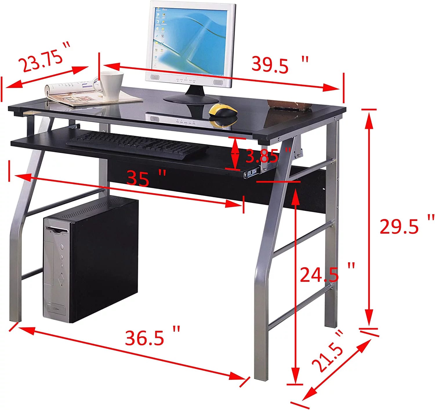 Metal and Glass Top Home Office Computer Desk Silver Finish H279