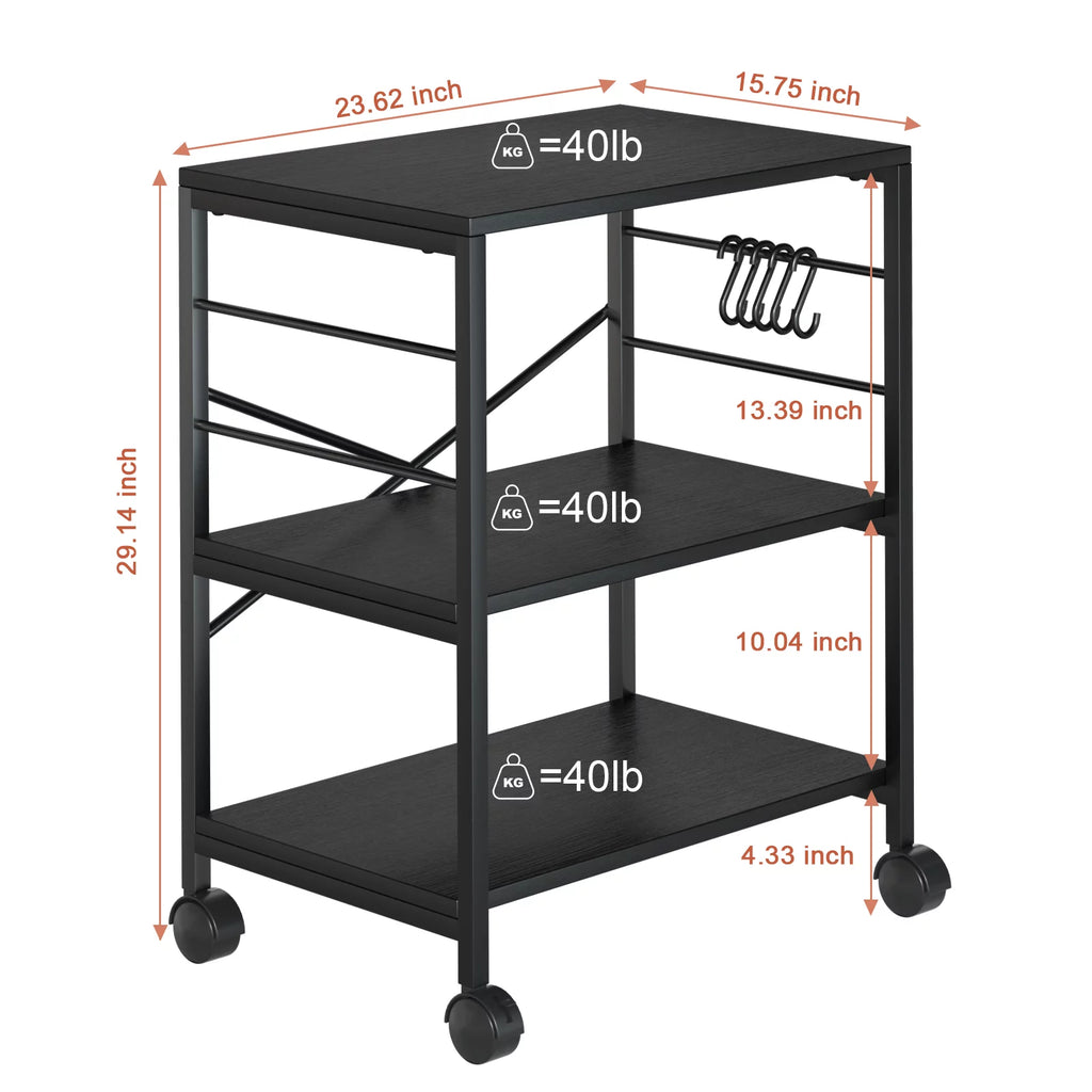 3-Tier Rolling Kitchen Utility Cart with 5 Hooks U621005