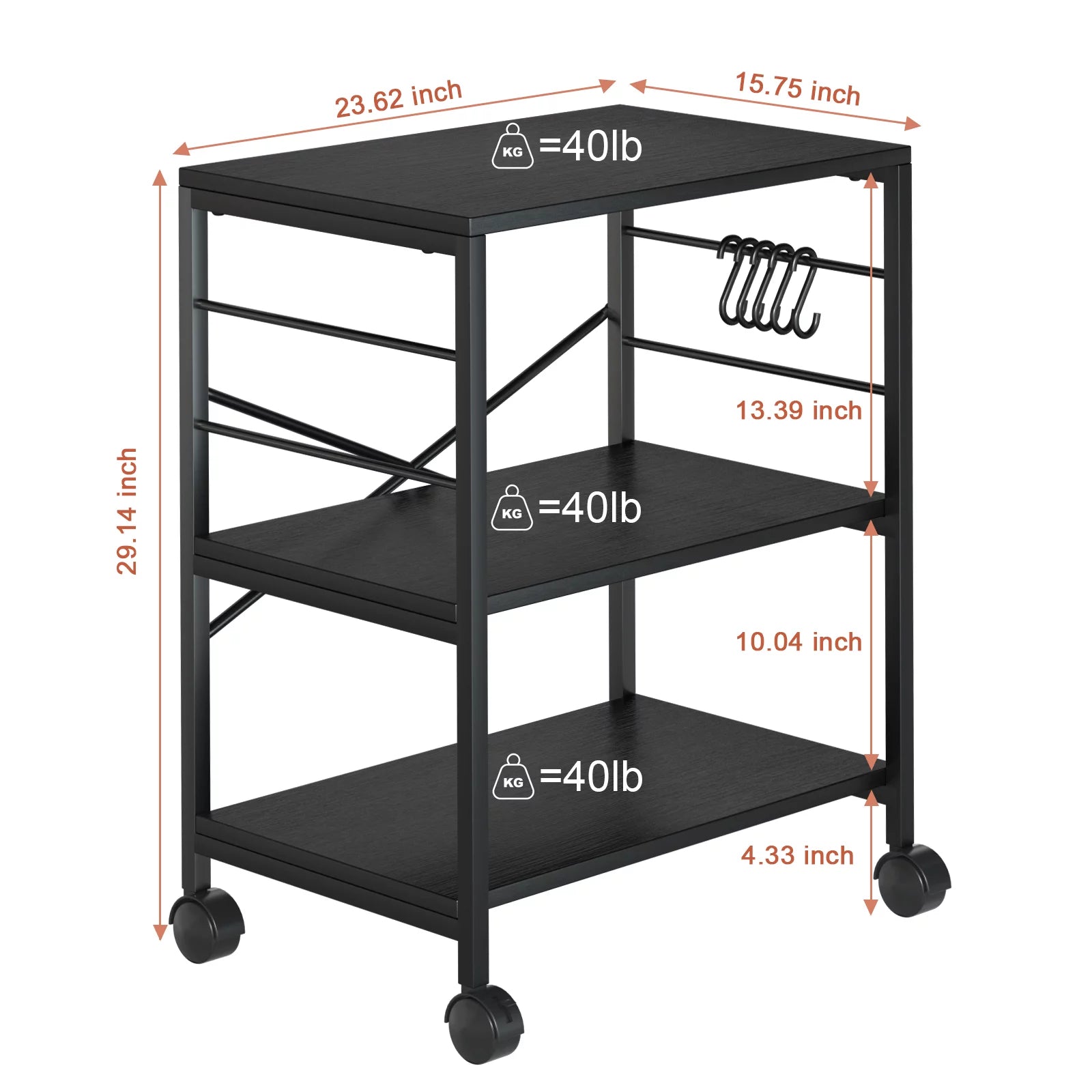 3-Tier Rolling Kitchen Utility Cart with 5 Hooks U621005