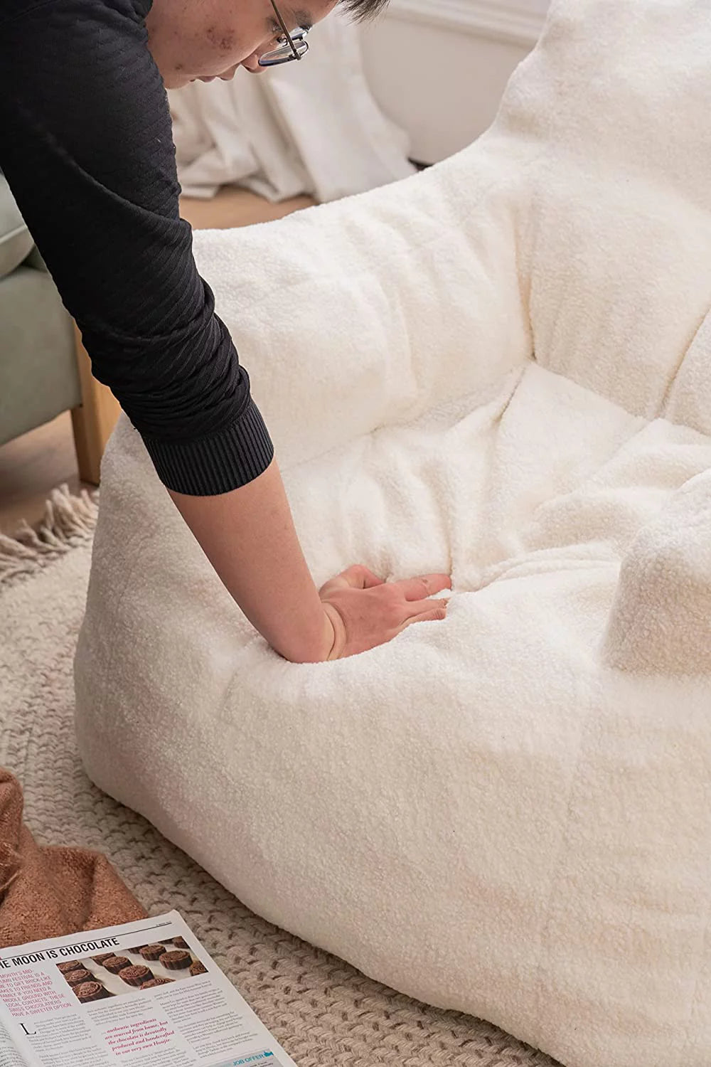 Soft Tufted Foam Bean Bag Chair for Adults, Fluffy Lazy Sofa with Teddy Fabric, Comfy Couch for Bedroom and Living Room B78327