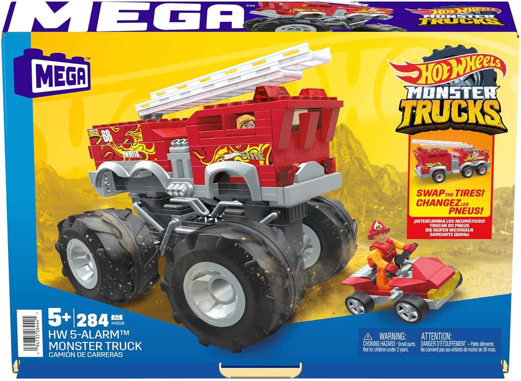 Hot Wheels Monster Truck Building Toy Playset, 5-Alarm Fire Truck with 284 Pieces, Red, Age 5+ J400970