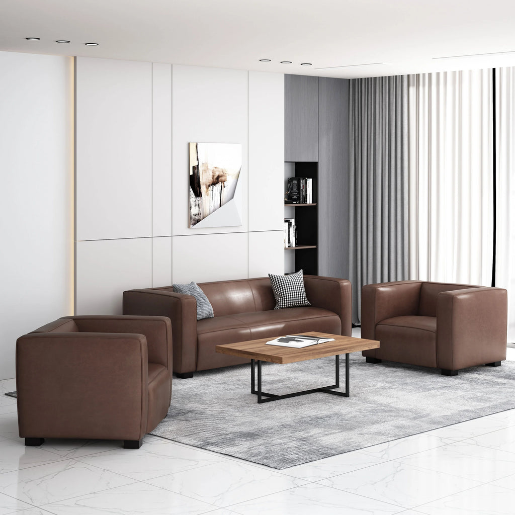 Faux Leather 3 Piece Club Chair and Sofa Set, Cognac Brown / Dark Walnut B74278