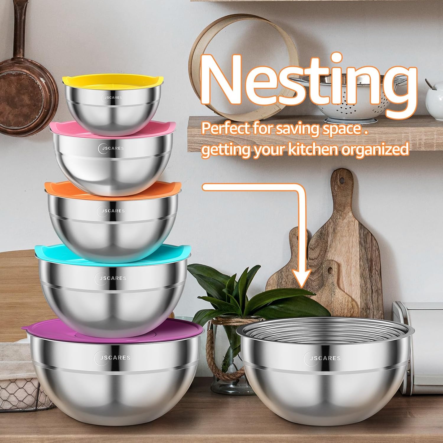 Mixing Bowls with Lids, 5 Piece Stainless Steel, Stackable, Airtight C308674