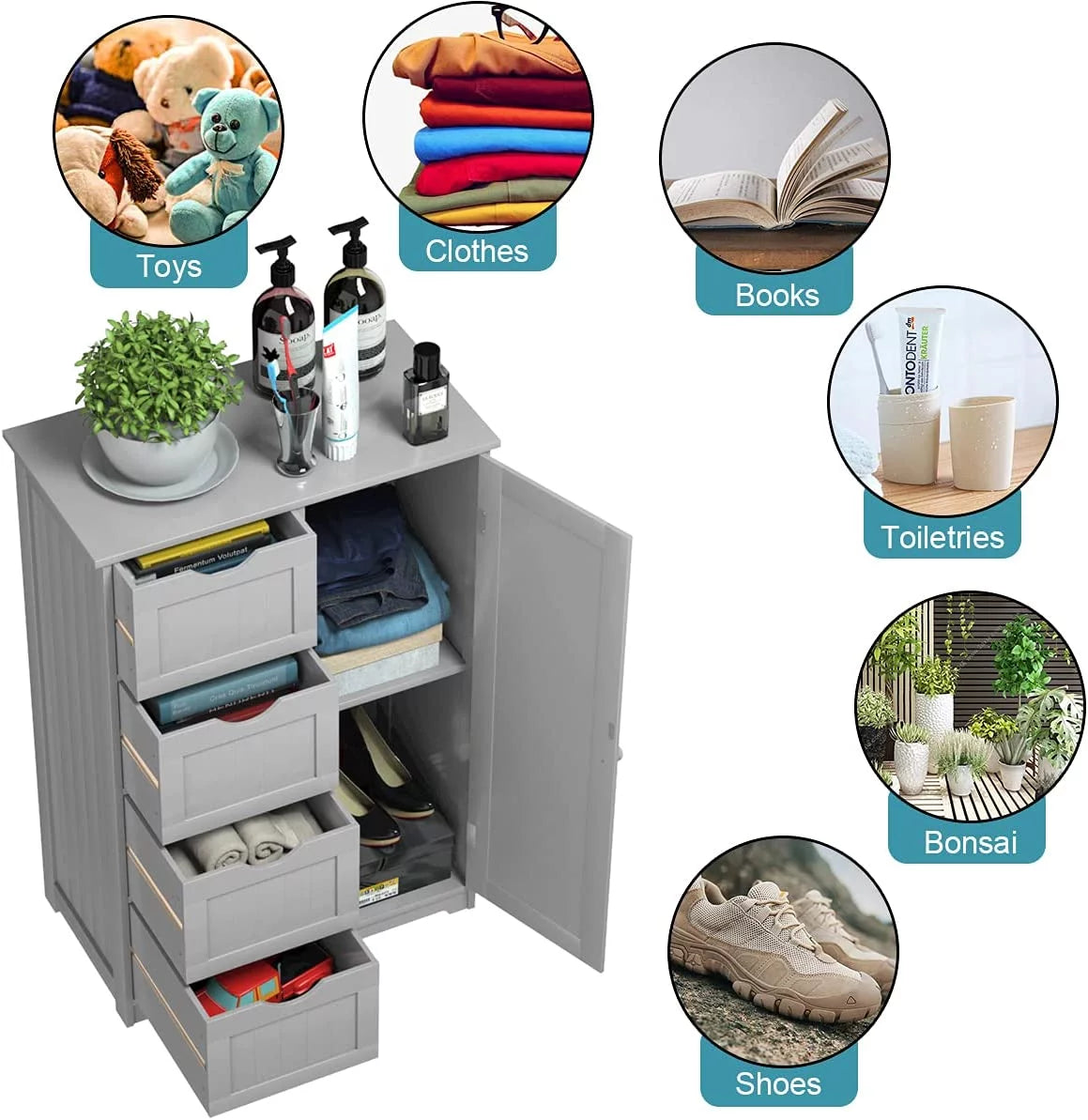 Freestanding Bathroom Floor Cabinet with 4 Drawers and Cupboard W732794