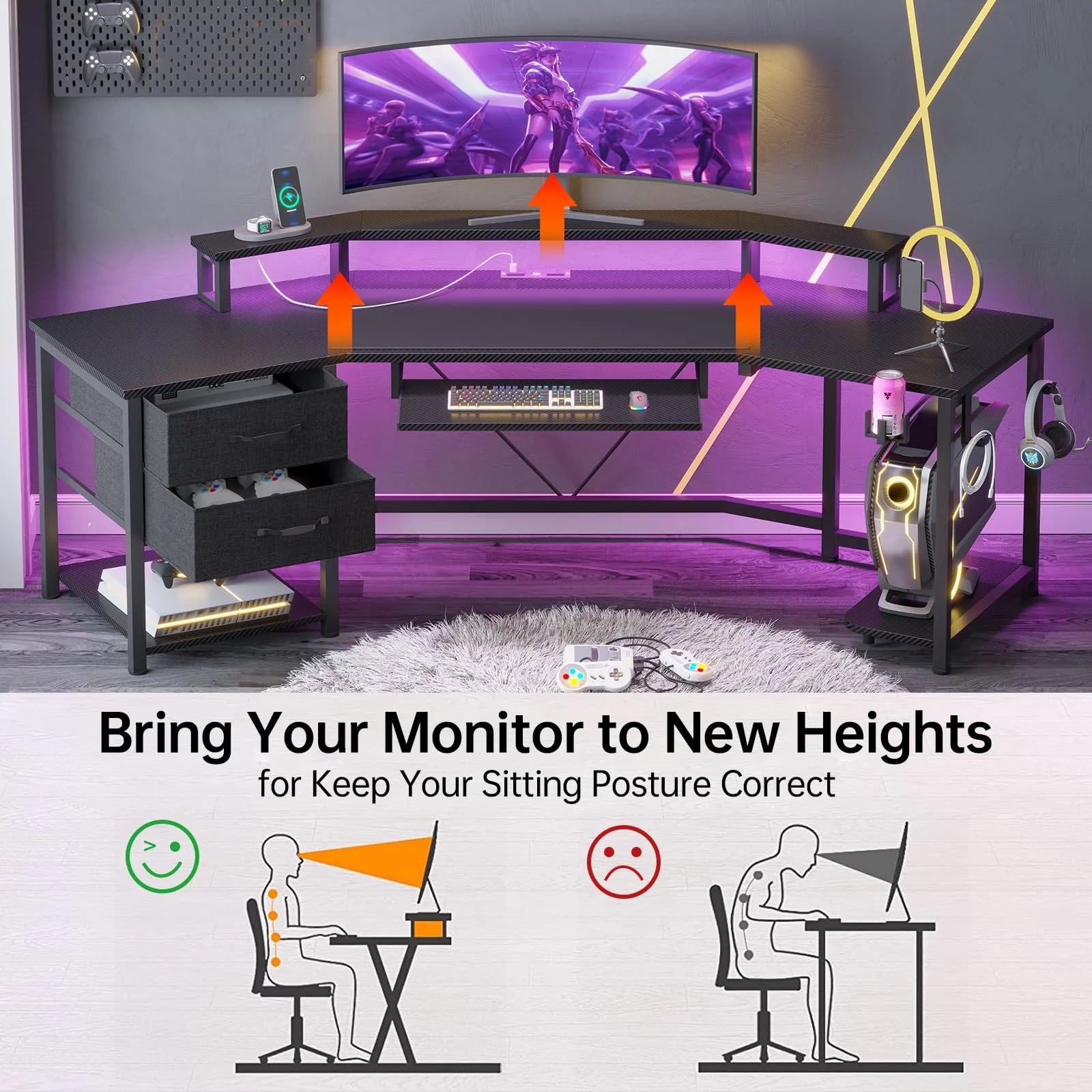 79" L Shaped Gaming Desk with LED Lights, Power Strip, Fabric Drawers, Storage Shelf and Keyboard Tray D650