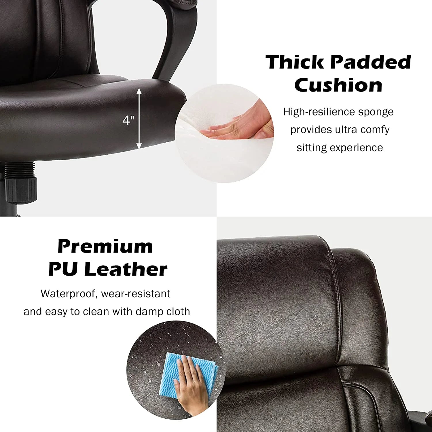 Office Chair Leather Ergonomic Mid Back Computer Desk Chair with Padded Armrests, Dark Brown R8686
