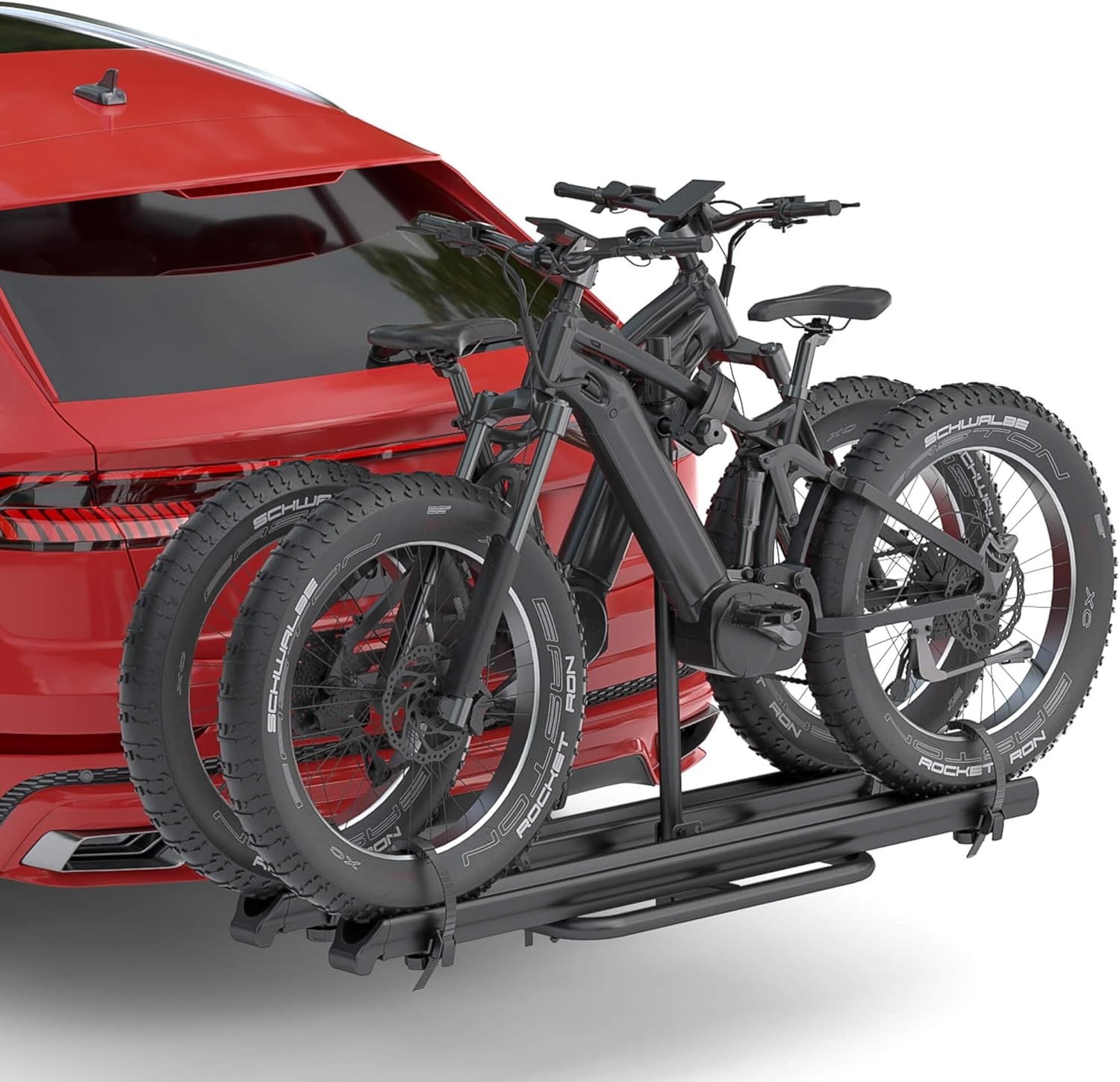 2 EBike Rack with Ramp, 2'' Hitch Mounted Lockable Bike Racks, 200lbs Capacity Foldable Platform, Up to 3'' Fat Tire Carrier for Standard and Electric Bicycles for Car SUV Truck RV