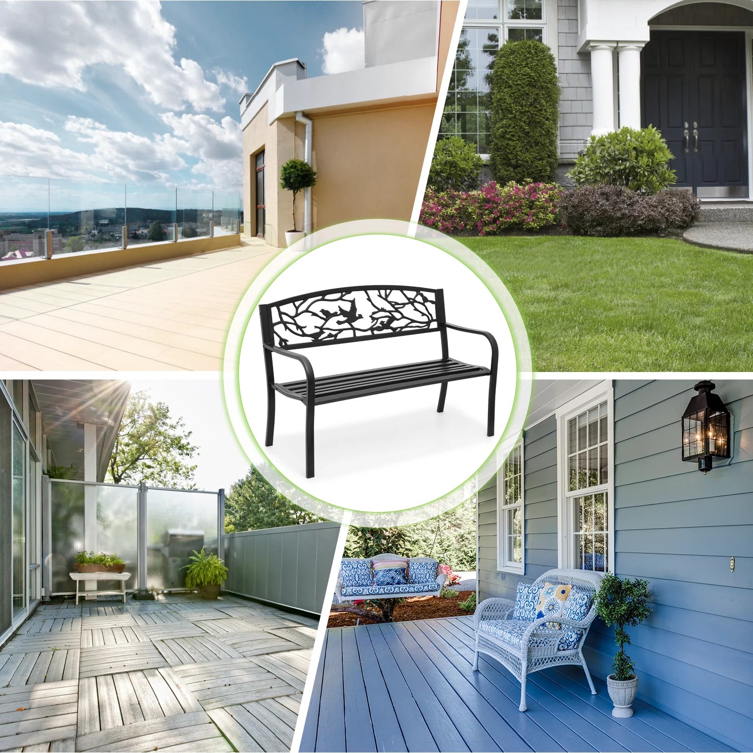 Outdoor Cast Iron Patio Bench with Bird Design Backrest Z971510