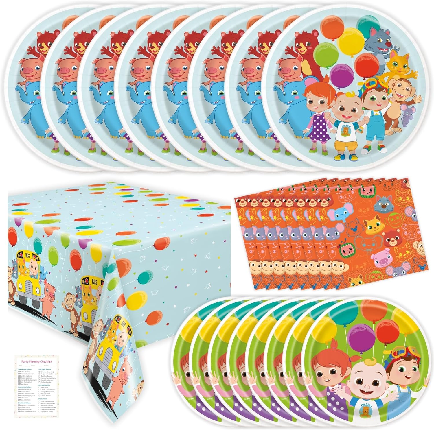 Cocomelon Birthday Decorations Pack for 8 Guests - Cocomelon Plates and Napkins, Cocomelon Tablecloth, Checklist - Cocomelon Party Decorations, Cocomelon Party Supplies