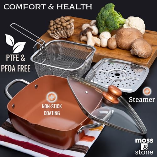 Copper Cookware Set 5 Piece, Non Stick Deep Frying Pan with Steamer Rack Y722