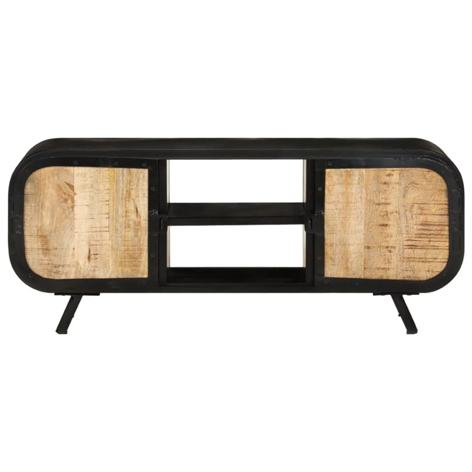 TV Stand with 2 Compartments and 2 Shelves, Mango Wood, Iron Legs K3015