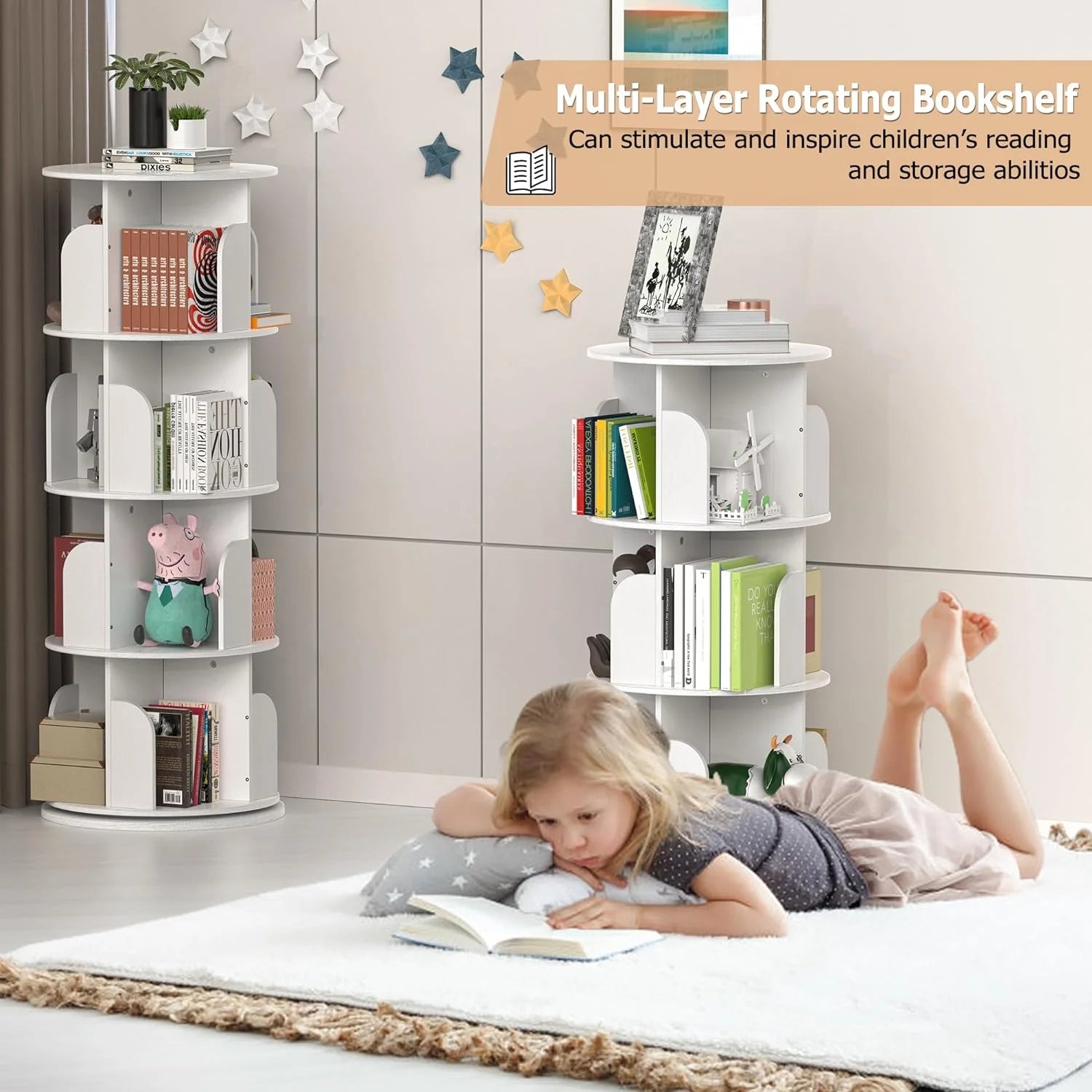 360 Rotating 4-Tier Narrow Bookcase for Small Spaces, White H7274