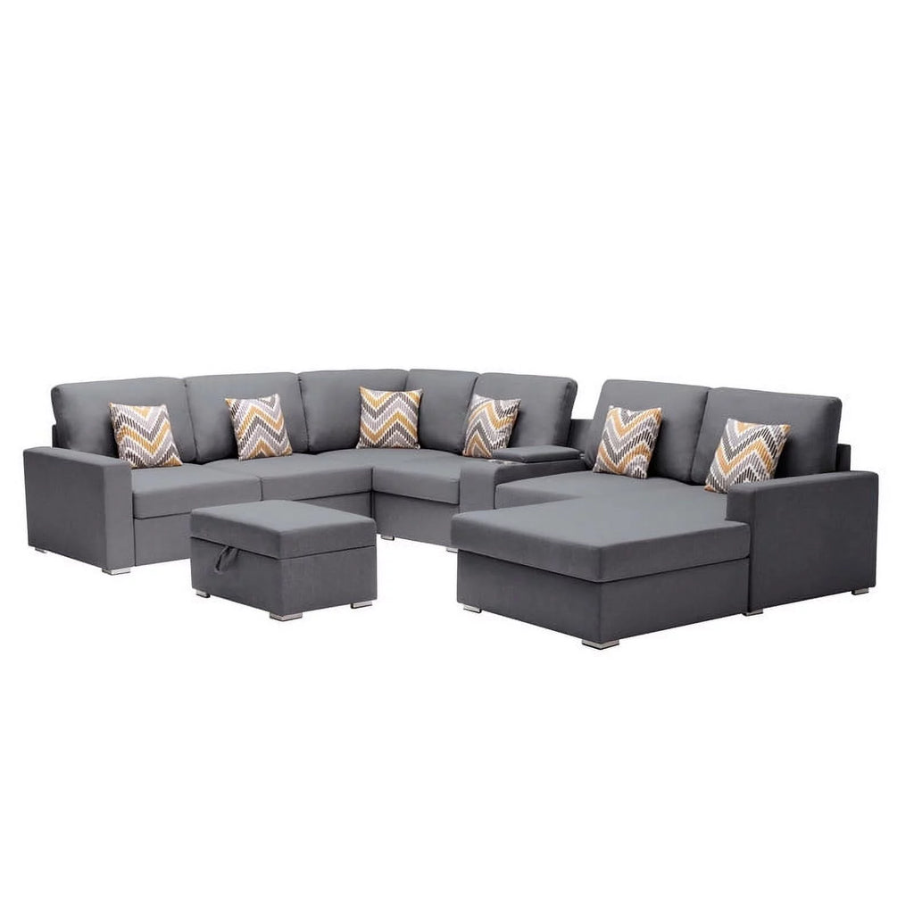 Gray Linen Fabric 8-Piece Reversible Chaise Sectional with USB Port Storage T7553