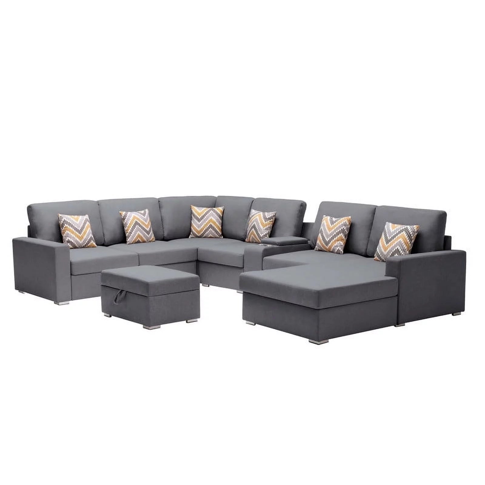 Gray Linen Fabric 8-Piece Reversible Chaise Sectional with USB Port Storage T7553