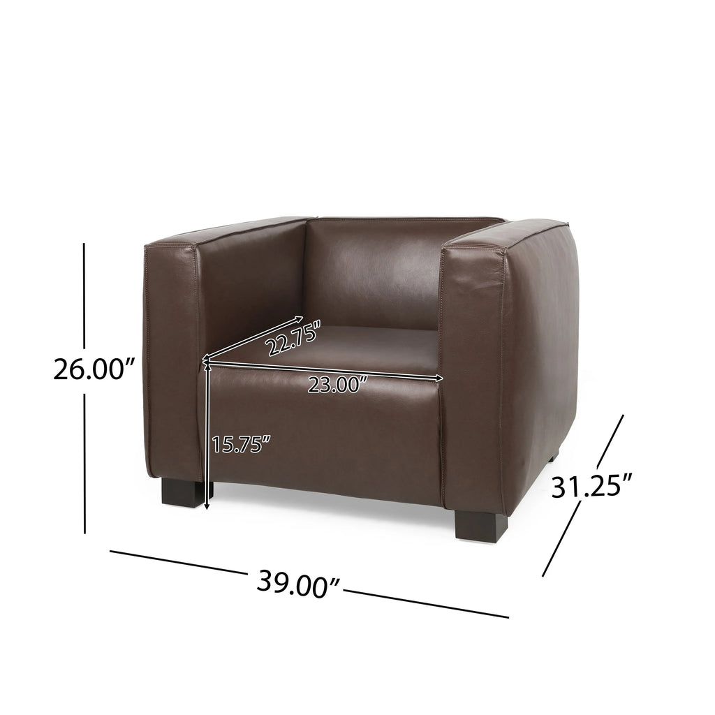 Faux Leather 3 Piece Club Chair and Sofa Set, Cognac Brown / Dark Walnut B74278