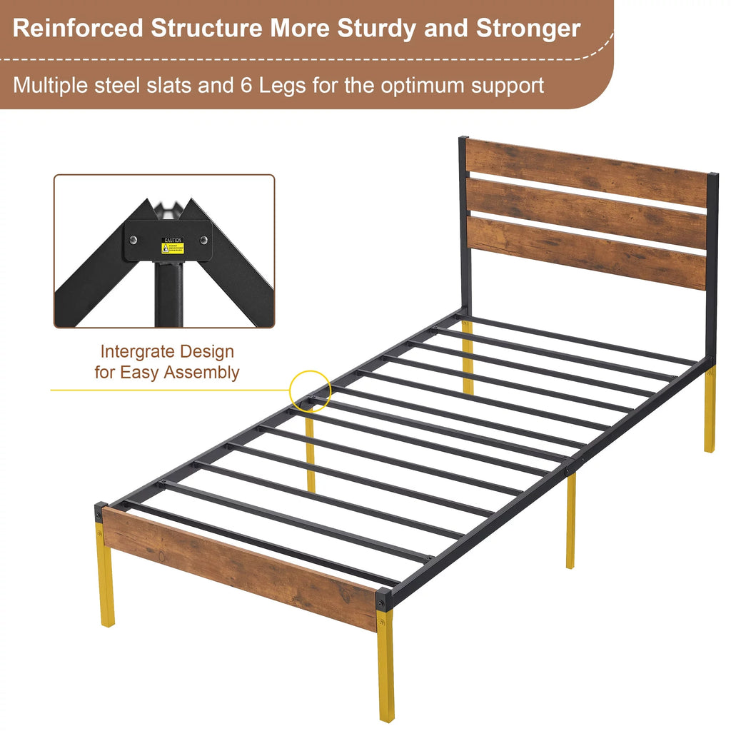 Twin Bed Frame with Wooden Headboard, Rustic Industrial Platform Bed D329