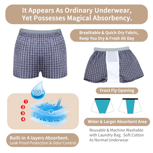 Men's Washable Incontinence Boxer Briefs, Leak Proof, 2 Pack C2788