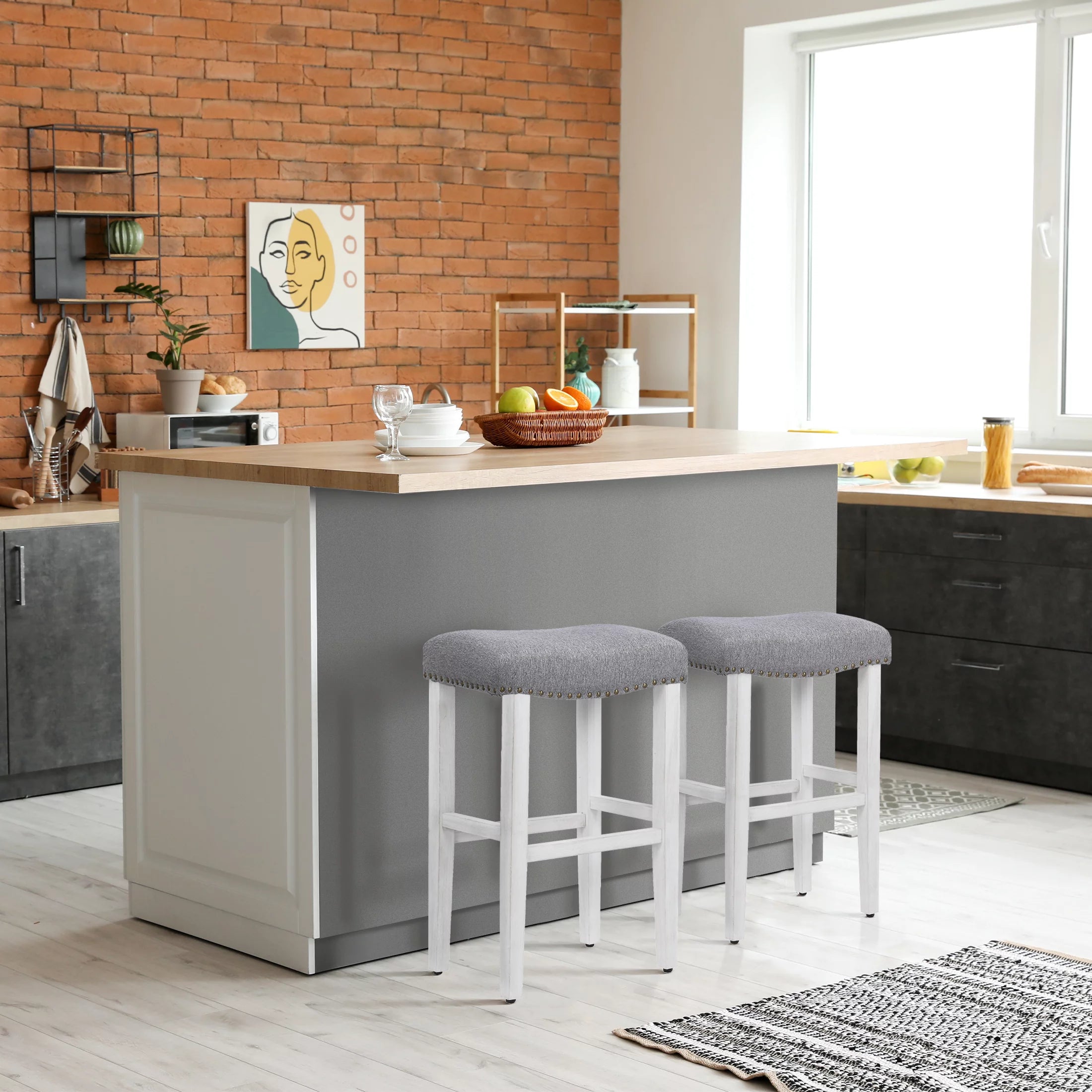 Bar Height Bar Stools Set of 2, Farmhouse Kitchen White Wooden Saddle Stool Chair with Linen Cushion X651