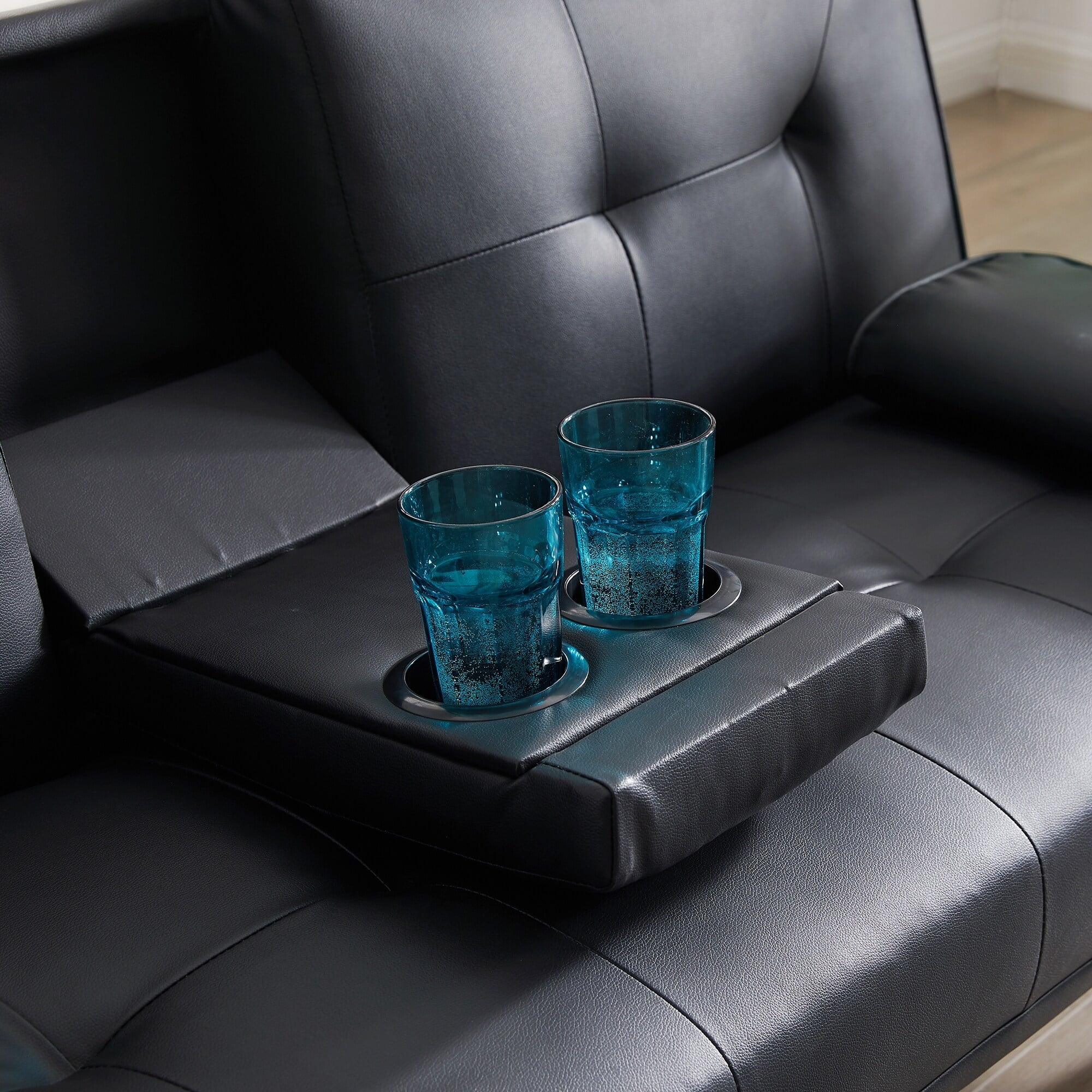 Faux Leather Loveseat Sofa Bed with Cup Holders , Convertible Folding Sleeper Couch Bed