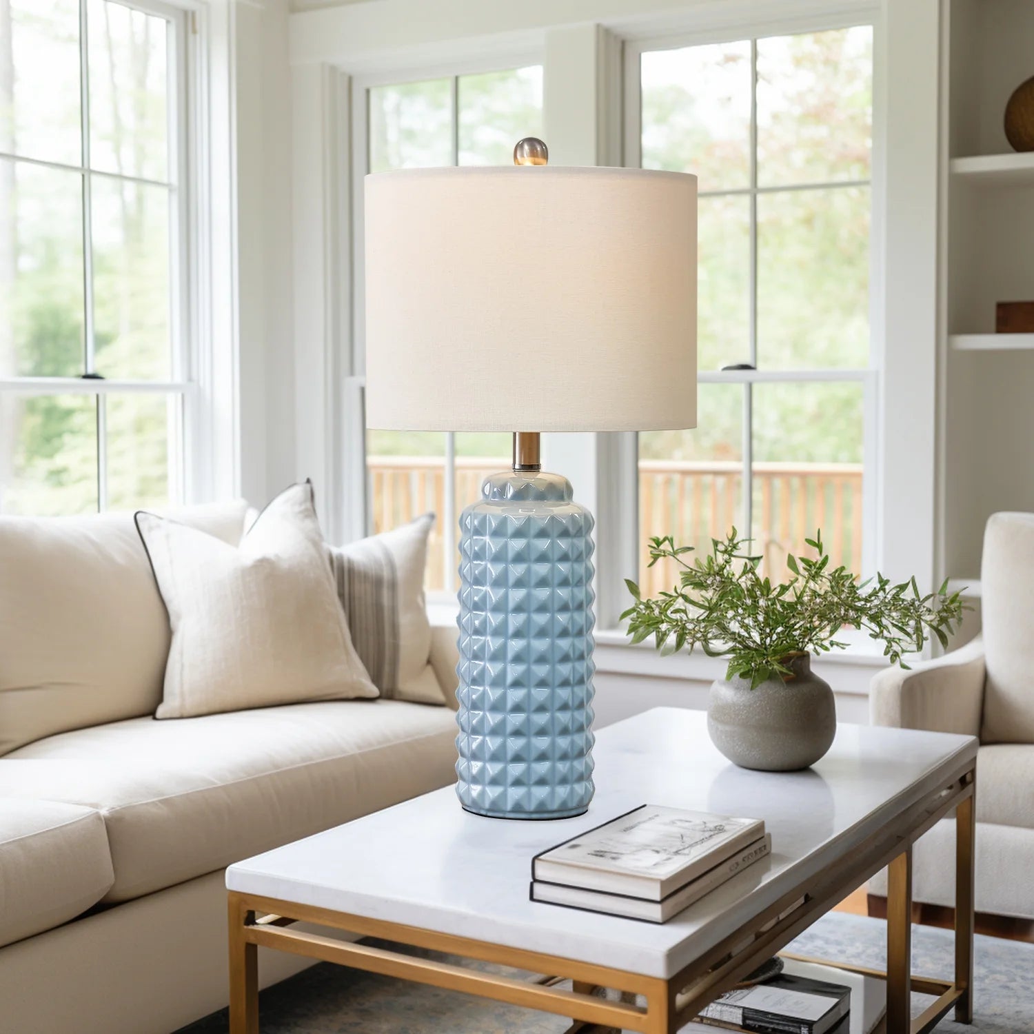 Ceramic Table Lamp for Living Room Bedroom, Light Blue, Set of 2 X857439