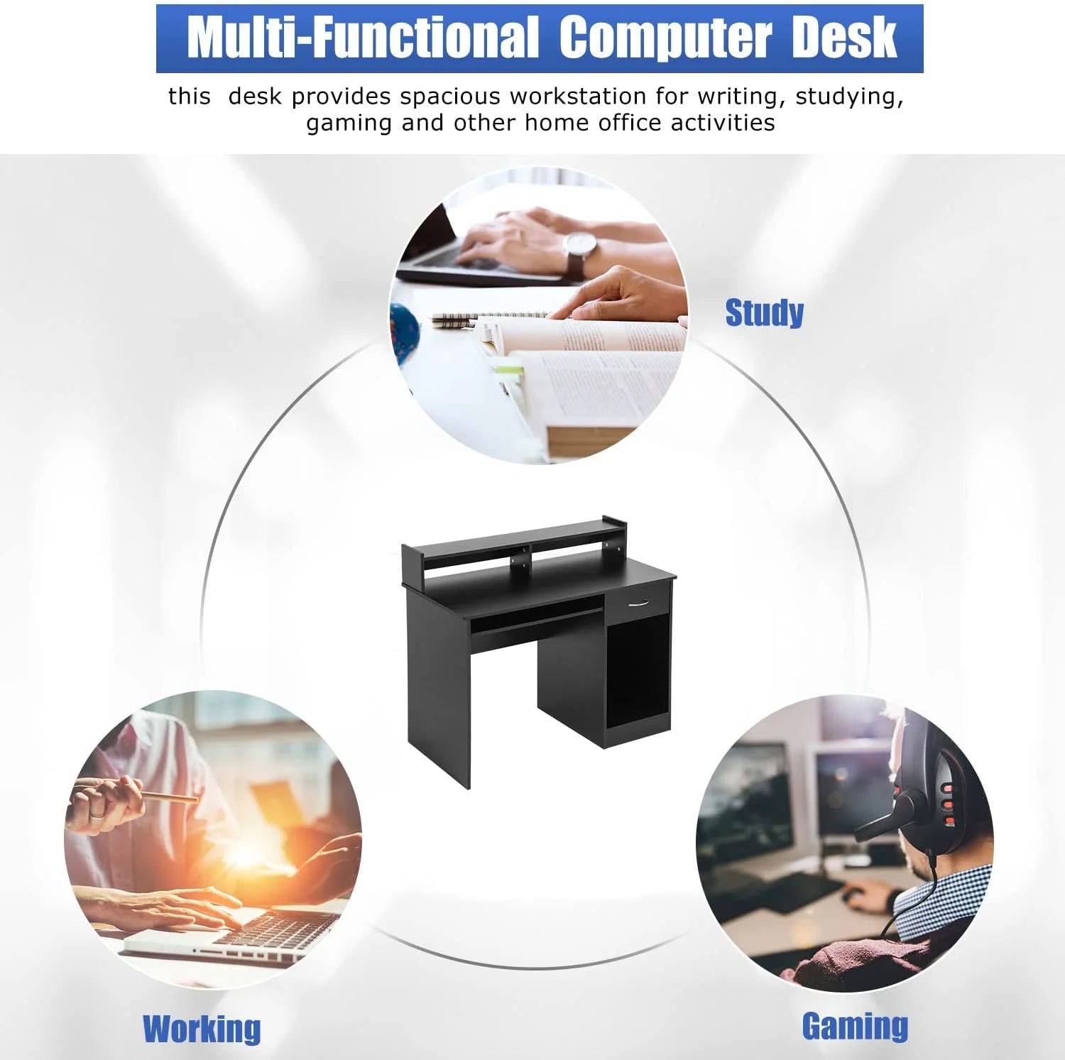 Small Desk with Drawer for Small Spaces, Computer Desk with Keyboard Tray and Shelf B703022