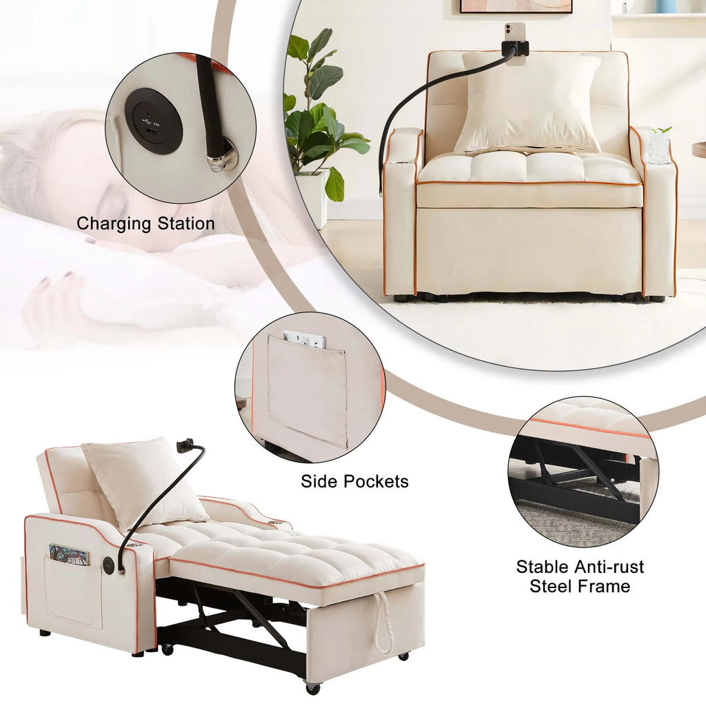 Sleeper Chair Bed, Convertible Pull Out Sofa Bed with USB Port and Cup Holders, Beige S570
