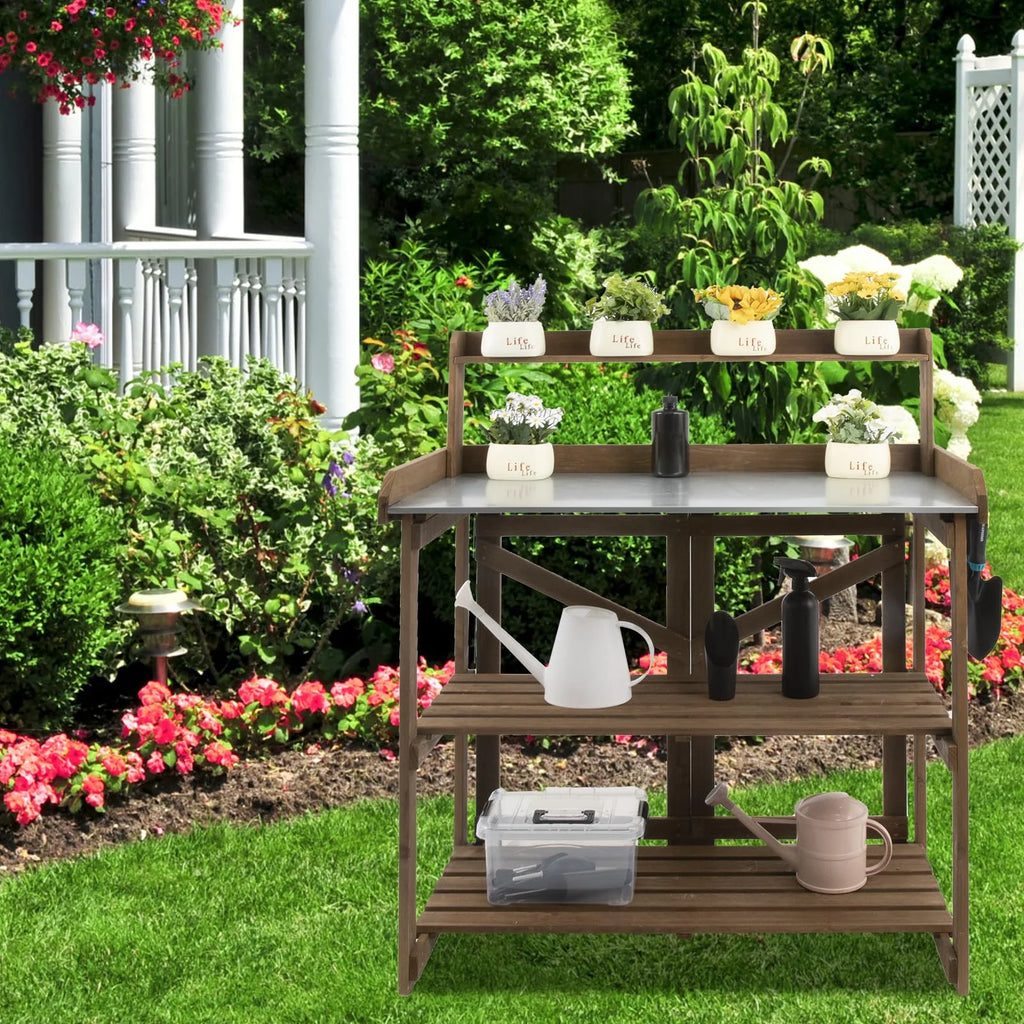 Folding Potting Bench Table Outdoor Garden Wooden Workstation with Galvanized Tabletop M711